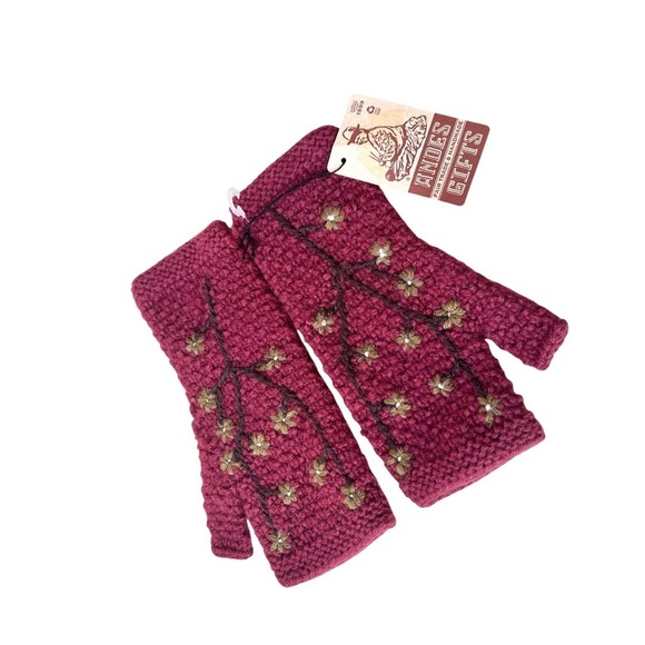 ANDES GIFTS Burgundy Red Floral Embroidered Fingerless Gloves - Picture 1 of 4